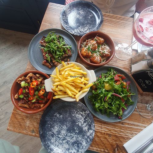 Salt & pepper mushrooms (ve), miso and honey glazed aubergine without the yoghurt, crispy potato dumplings (v), marinated heritage tomato salad without the burrata at The Moon and Sixpence in Whitby