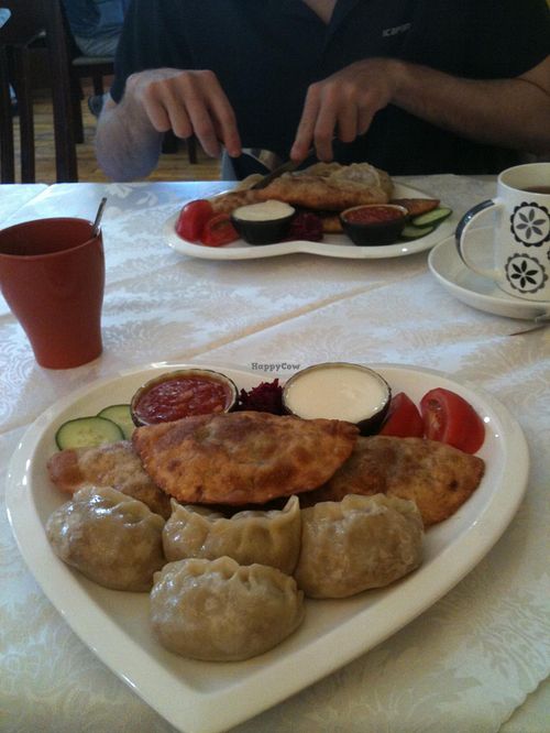 Delicious mongolian combo plate (10.400 T approx), with vegeterian version of the wide-spread mongolian fastfood, and dumplings at Bilig Vegan Bistro in Ulaanbaatar