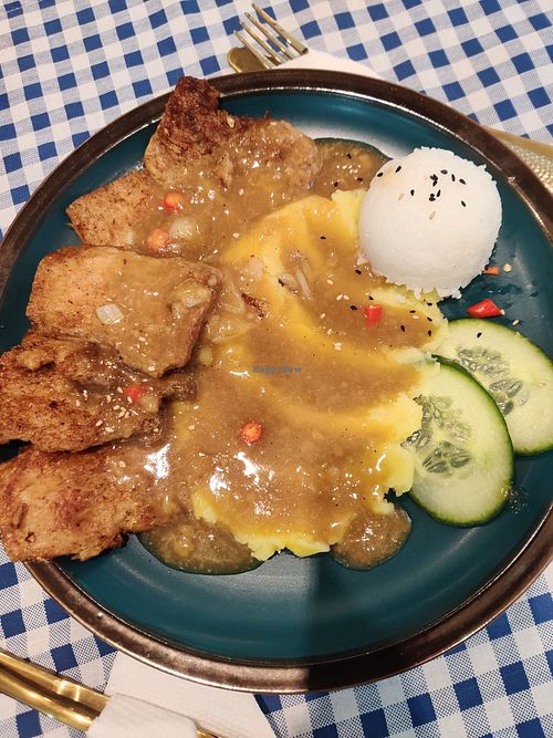 Fried soy meat at Bilig Vegan Bistro in Ulaanbaatar