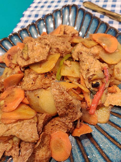 Soy meat and veggie stir-fry at Bilig Vegan Bistro in Ulaanbaatar