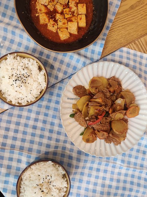 Vegan meat and veggie stir fry at Bilig Vegan Bistro in Ulaanbaatar