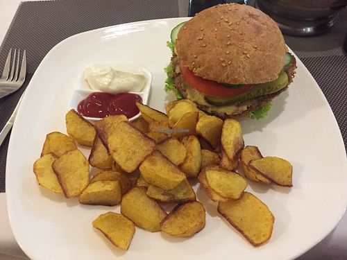 Vegan burger and fries at Bilig Vegan Bistro in Ulaanbaatar
