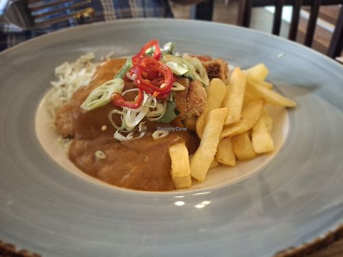 Vegan katsu curry (soya protein type breaded strips) at Saracens Head Hotel in Towcester