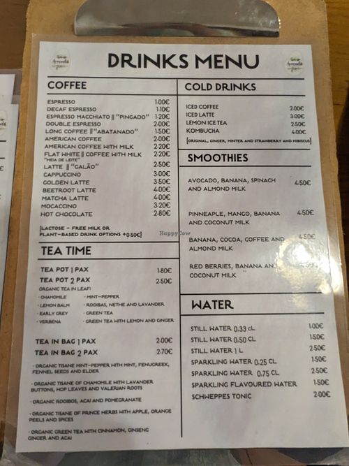 Menu - Coffee etc at Avocado in Obidos