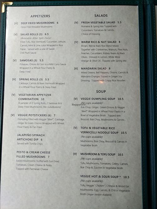 Menu. Vegan marked w/ V at Marco Polo Global Restaurant in Salem