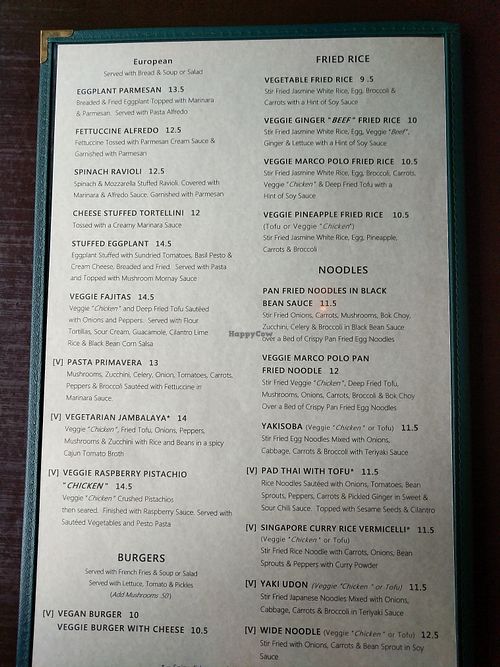 Menu. Vegan marked w/ V at Marco Polo Global Restaurant in Salem