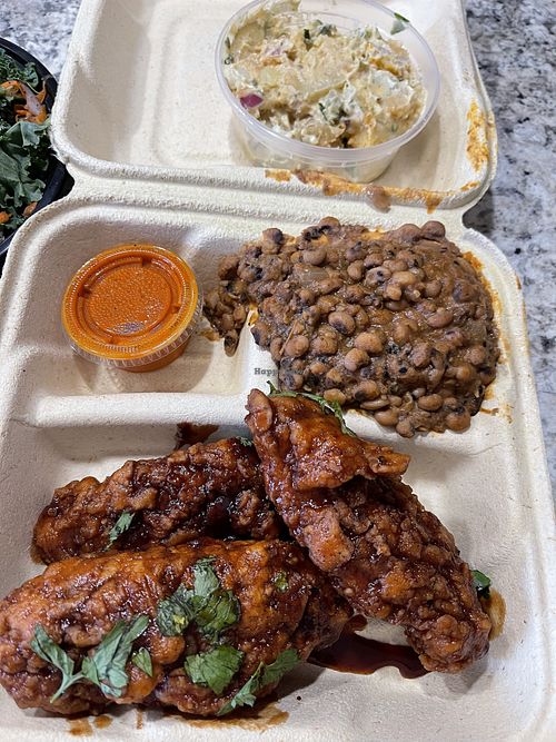 Buffalo tenders, black-eyed peas and creole potato salad   at SweetArt in St Louis