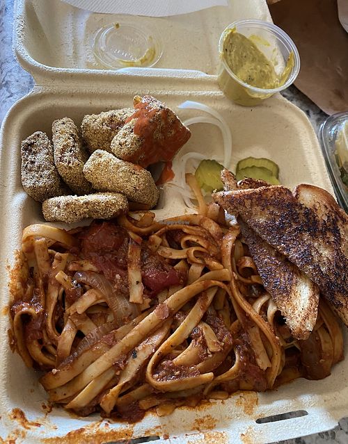 BBQ spaghetti and fried to’fish plate.   at SweetArt in St Louis