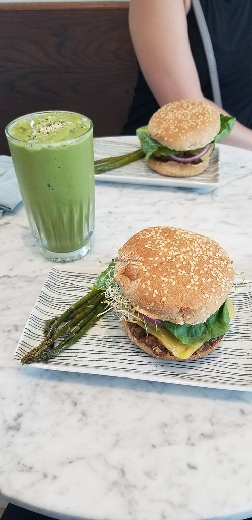 Basic smoothie and lentil and tempeh burger w vegan cheese at Lamara Coffee and Kitchen in New Orleans