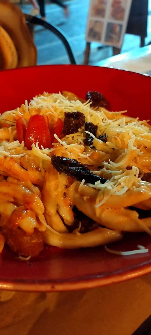 Local handmade pasta dish with wholewheat flour, vegan cheese, sundried tomatoes at Let's Vegan in Crete