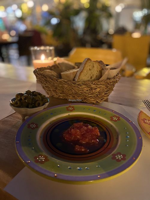 Olives, bread & relish dip  at Let's Vegan in Crete
