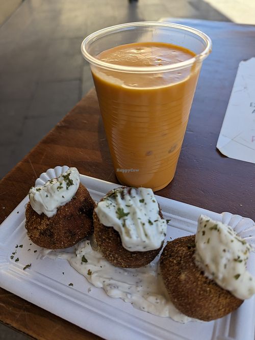 Spinach balls and gazpacho (with a large ice cube in it) at Las Niñas Veganas in Cadiz