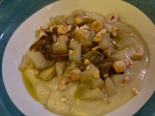 Fava bean cream with sautéed porcini mushrooms, moscato pears, and toasted hazelnuts.  at Munz Munz in Monopoli