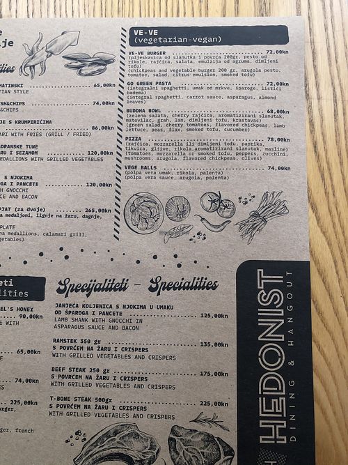 Menu at Hedonist in Zadar