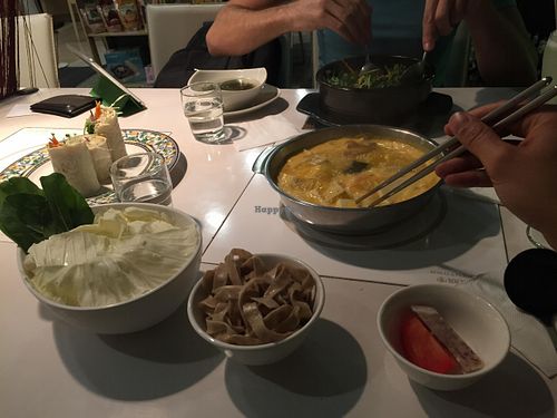 Vegan Coco Pumpkin hotpot with large noodles + hummus wrap + curry bibimbap at Loving Hut - Heping Branch in Taipei