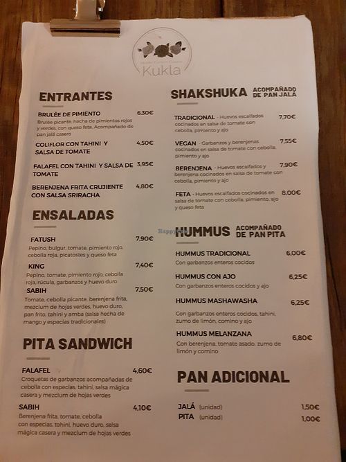 Menu at Kukla in Valencia