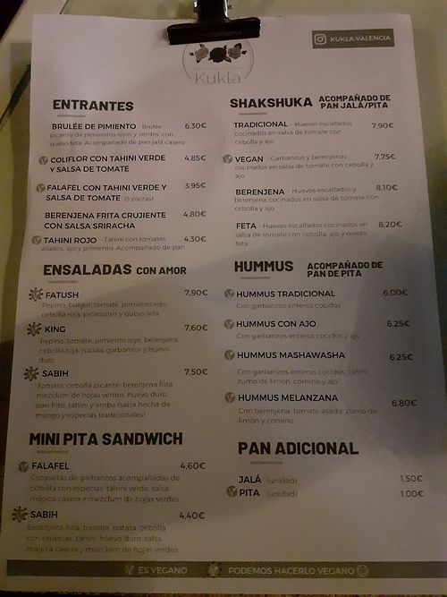 New menu specifying the vegan options at Kukla in Valencia
