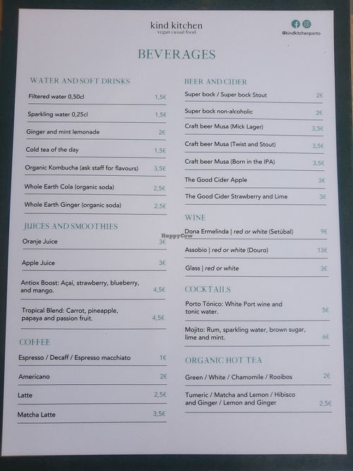 Drinks menu at Kind Kitchen in Porto