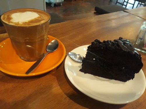 Soy latte and vegan mocha fudge cake at Overstand in Chiang Mai