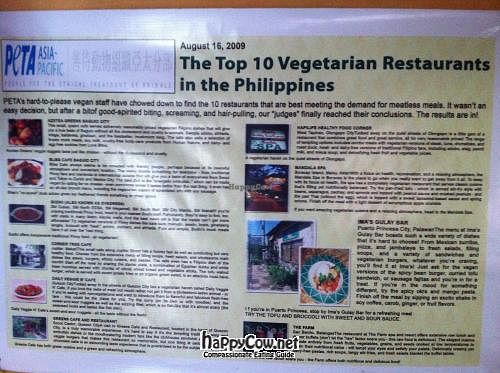 the top 10 list of Peta with Imas restaurant on the list. at Ima's Vegetarian Restaurant in Puerto Princesa