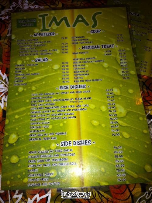 part of the menu of Ima's restaurant at Ima's Vegetarian Restaurant in Puerto Princesa