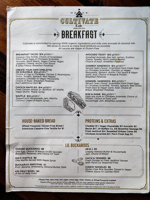 Breakfast menu at Cultivate Cafe in Jackson