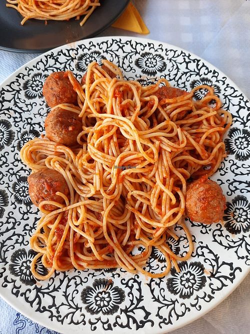 Meatballs with pasta in tomato sauce at Mezza Volta in Corfu