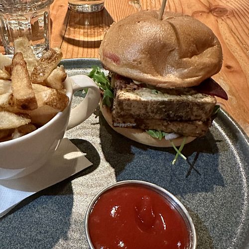 Crispy ‘Halloumi’ + Smoked Beet Sandwich (substitute smoked porcini tofu instead of halloumi)  at Miijidaa in Guelph