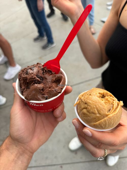 double on the left, tiny ("big dip") scoop on the right at Old Town Churn in Fort Collins