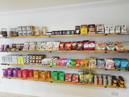 Shelves of food at Redshift in Montrose