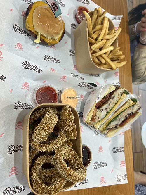 Special order cheese burger,  fries, onion rings, and southern potato salad BLT.   at Bubbie's - Plant Burgers at Plant Food Lab in Washington