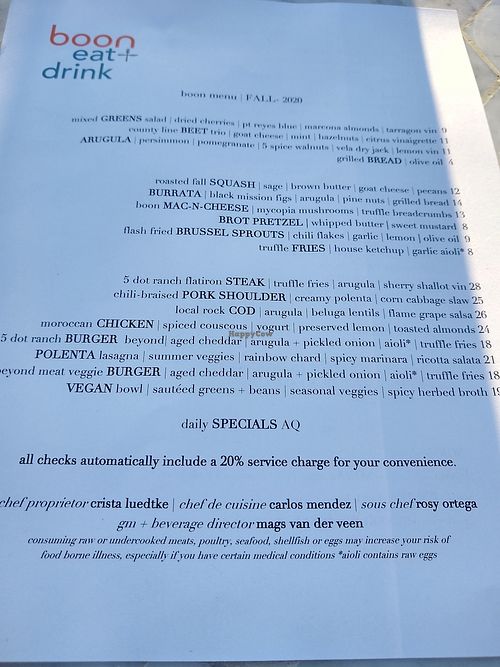 October 2020 menu at Boon Eat + Drink in Guerneville