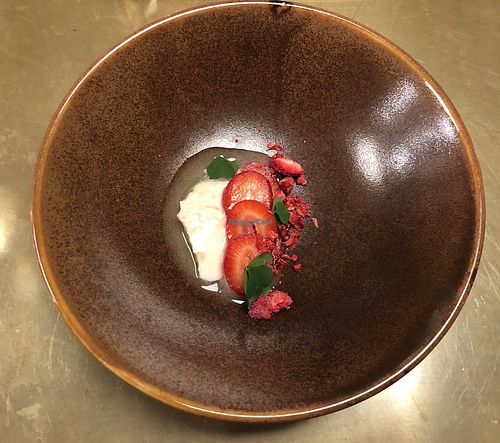 Tofu elderflower strawberries  at Alice in Ottawa