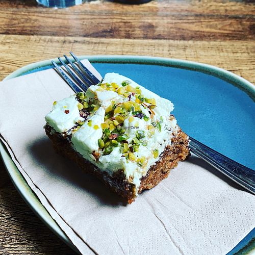 Vegan pistachio and carrot cake at Lime Kiln Cafe in Dobcross