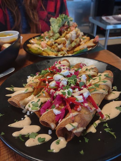 Amazing jackfruit taquitos!!! at Rad.ish Street Food in Williamsburg