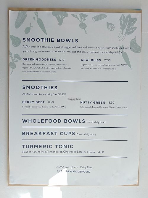 Menu at ALMA in Matakana