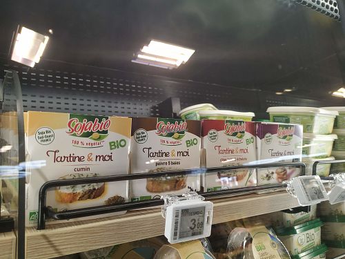 Vegan cream cheese in the fridge at Carrefour City in Levallois-perret