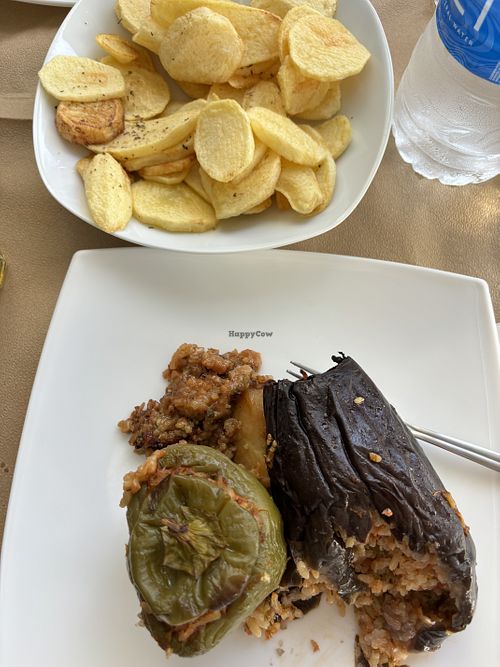 fried potatoes and vegetables stuffed with rice   at Boulamatsis in Naxos