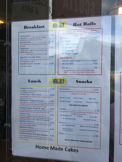 Menu at Mackenzie's in Pitlochry