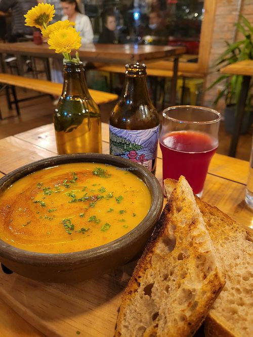 Pumpkin soup and the kombucha. Soup was served cold and pretty tasteless at Good Nick in Vina Del Mar
