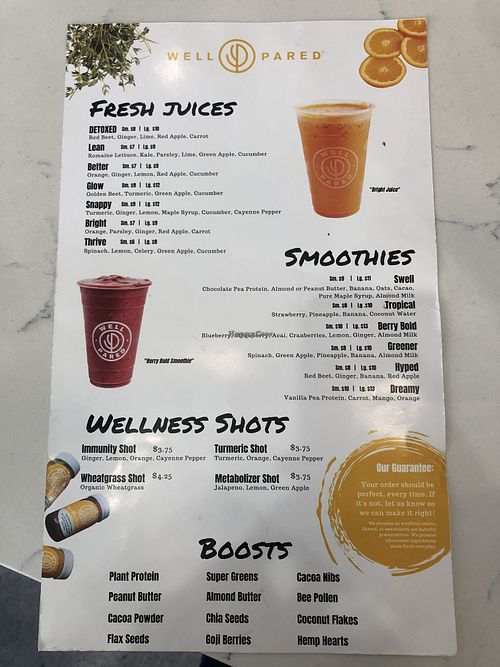 Juice/smoothie menu at Well Pared in Billings