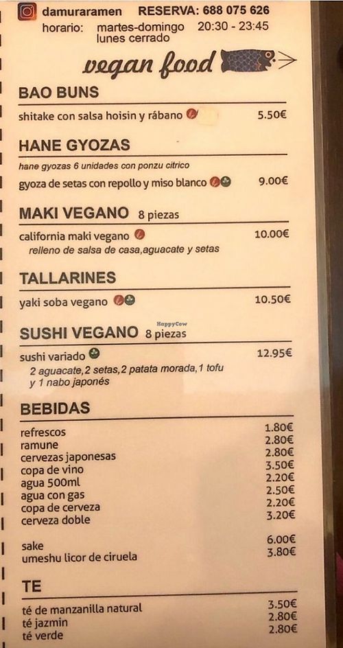 Vegan menu at Damura in Valencia