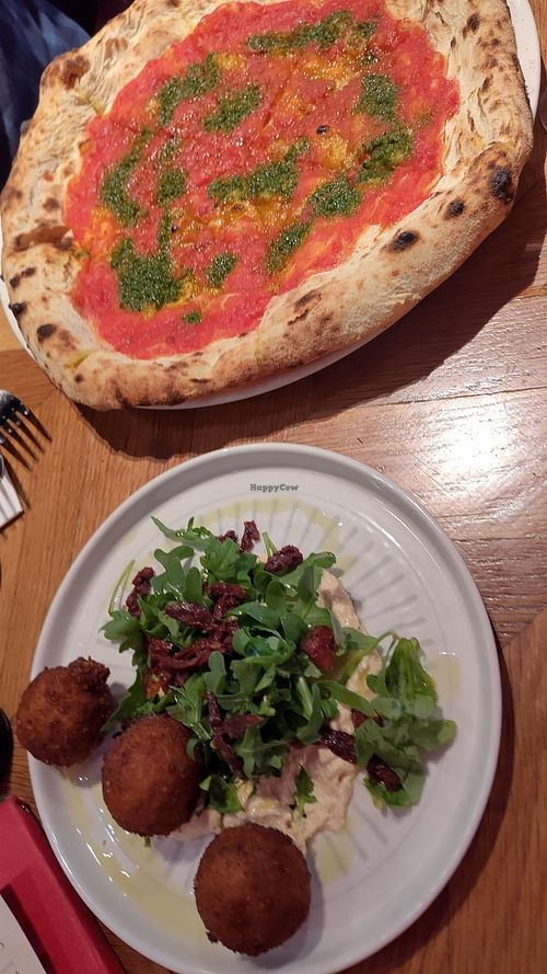 Plant based nduja arancini balls with spicy houmous and pizza bread for starters at Lido in Troon