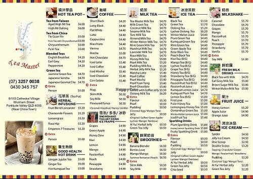 drinks menu  at Tea Master in Fortitude Valley