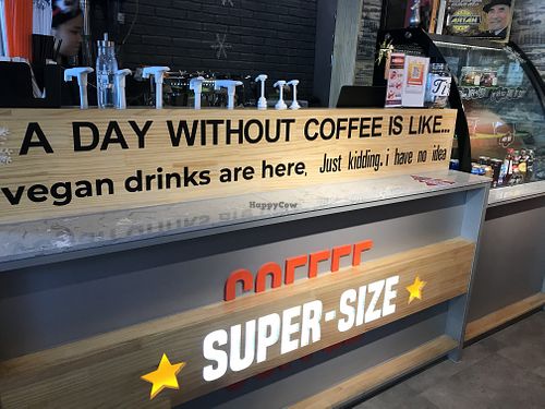 Cute humour! Snacks in the window. at Super Size Coffee in Ulaanbaatar