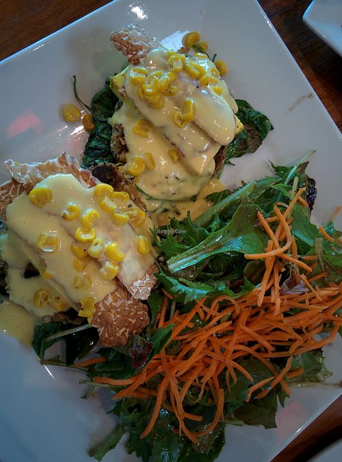 Sea Cake Benedict brunch (15$). Really delicious.
It has their vegan sea cake, sauteed greens, topped with tempeh hummus, cashew cheese and corn, served with salad.
Ask for toast next to it, as it doesn't come with toast. at Real Food Daily in West Hollywood