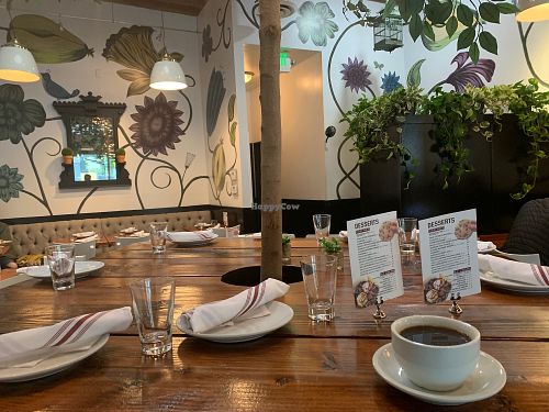 Dining room and house coffee at Real Food Daily in West Hollywood