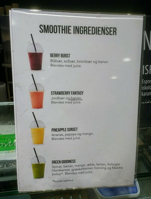 3 Vegan Smoothies. The Green Goodness Contains Honey. at Bager From in Odense