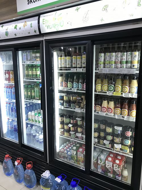 Fridges with plant milk and sauce  at Edim Polezno - Sovetskaya in Irkutsk