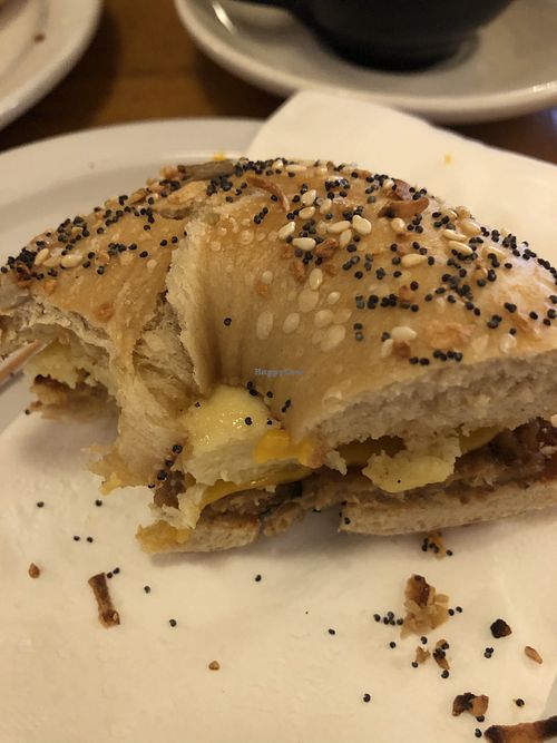 Everything bagel, soy sausage,FYH cheese, Just egg at Tiny's Coffee - South East in Portland